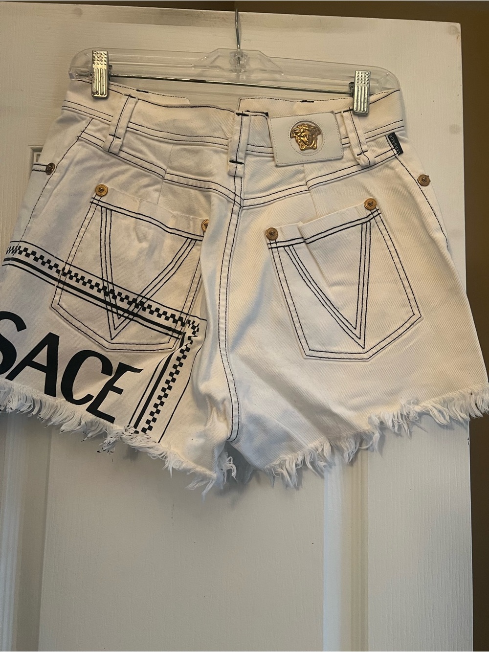 Versace White Denim Frayed Hem Shorts with Black Logo Panel - Picture 2 of 3